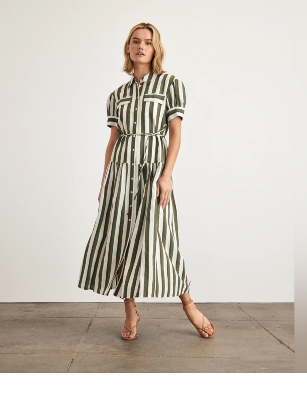 Tanya Taylor Striped Button-Front Shirt Dress in Olive and White